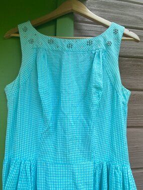 Vintage 1950s Blue & White Gingham Check Cotton Sundress w/Accents - Size 10